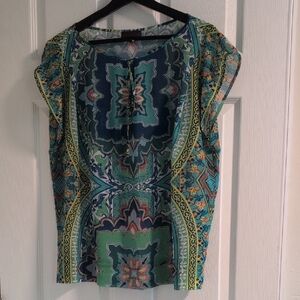 Hale Bob Blue and Green Graphic Cap Sleeve Blouse